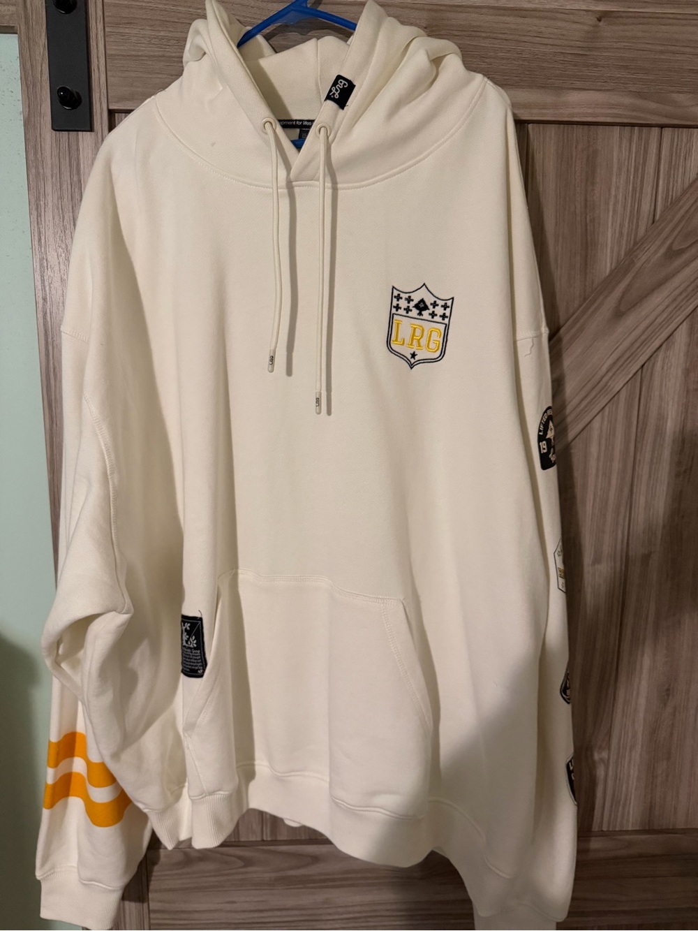 LRG Cream Crewneck Hoodie with Yellow Stripe and Logo